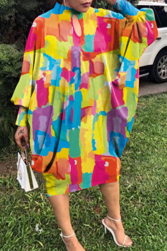 Colour Casual Print Hollowed Out Half A Turtleneck Long Sleeve Dresses