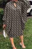 Black Apricot Casual Print Hollowed Out Half A Turtleneck Long Sleeve Dresses