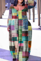 Multicolor Casual Print Patchwork Basic V-Ausschnitt Langarm Kleider in Übergröße
