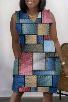 Blau Casual Print Basic V-Ausschnitt ärmellose Kleid Kleider