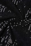 Schwarze lässige Pailletten-Patchwork-Kleider mit O-Ausschnitt und A-Linie