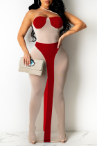 Red Sexy Solid Mesh Halter Pencil Skirt Dresses