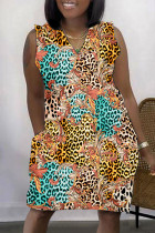 Apricot Casual Print Basic V-Ausschnitt ärmellose Kleid Kleider