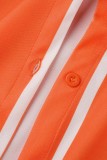 Оранжевый Повседневный полосатый принт Классический отложной воротник Длинный рукав Из двух частей