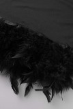 Noir Sexy Casual Patchwork Solide Plumes Demi Un Col Roulé Robe Sans Manches Robes