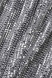 Серебряные повседневные брюки-карандаш в стиле пэчворк с высокой талией и блестками в стиле пэчворк