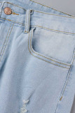 Jeans jeans skinny azul bebê casual liso rasgado cintura alta