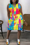 Цветное повседневное платье с принтом, базовое платье без рукавов с V-образным вырезом, платья