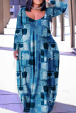 Темно-синий Повседневный принт Пэчворк Базовый V-образный вырез с длинным рукавом Платья больших размеров