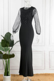Black Casual Solid Patchwork See-through O Neck Long Sleeve Dresses