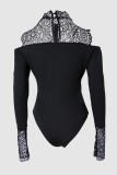 Black Sexy Solid Hollowed Out Patchwork See-through Turtleneck Skinny Romper