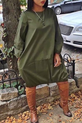 Armée Vert Sexy Mode Cap Manches Longues O Cou Robe De Bal Au Genou Patchwork Solide