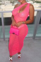 Roze mode sexy effen uitgeholde doorschijnende mouwloze jurk met één schouder