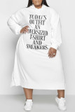 タンジェリンレッドファッションカジュアルレタープリントベーシックフード付きカラーロングスリーブプラスサイズドレス