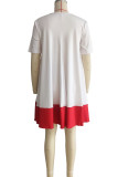 ホワイト カジュアル ソリッド パッチワーク コントラスト Oネック 半袖 ドレス ドレス