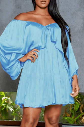 Light Blue Casual Solid Patchwork Off the Shoulder Long Sleeve Dresses