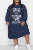 ブルーファッションカジュアルレタープリントベーシックフード付きカラーロングスリーブプラスサイズドレス