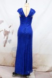 Синее сексуальное вечернее платье в стиле пэчворк с блестками и открытой спиной, с разрезом и V-образным вырезом