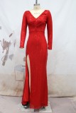 Rote sexy formelle Patchwork-Pailletten-Schlitz-V-Ausschnitt-Langarm-Kleider