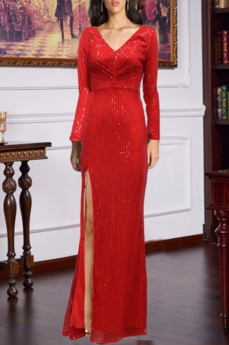 Röda sexiga formell lapptäcke paljetter slits v-hals långärmade klänningar