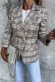 Khaki Casual Plaid Print Cardigan Turn-back Collar Outerwear