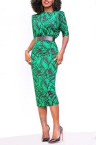 Green Casual Print Patchwork O Neck Pencil Skirt Dresses (Without Belt)