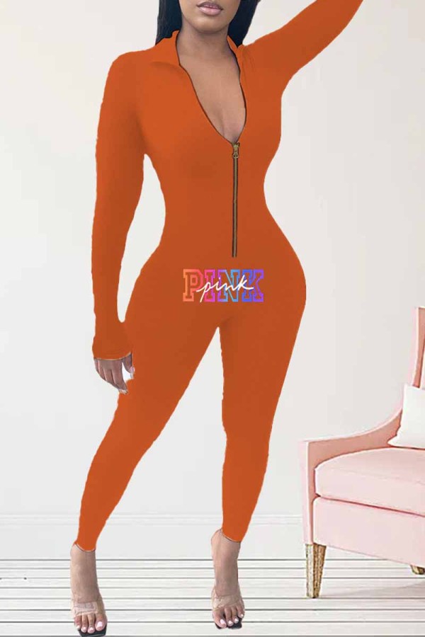 Oranje sportkleding print jumpsuits met rits en kraag
