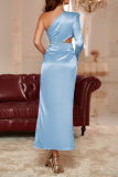Blue Formal Solid Flounce One Shoulder Irregular Dress Dresses