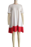Vestido de manga corta con cuello en O en contraste de patchwork sólido casual blanco Vestidos