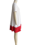Белые повседневные однотонные лоскутные платья с короткими рукавами и контрастным круглым вырезом