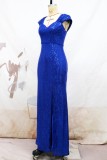 Синее сексуальное вечернее платье в стиле пэчворк с блестками и открытой спиной, с разрезом и V-образным вырезом
