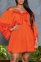 Tangerine Red Casual Solid Patchwork Off-shoulder jurken met lange mouwen