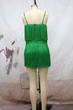 緑のセクシーなパッチワーク タッセル バックレス V ネック スリング ドレス ドレス