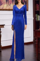 Blue Sexy Formal Patchwork Sequins Slit V Neck Long Sleeve Dresses