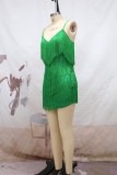 Зеленое сексуальное лоскутное платье с кисточками и открытой спиной с V-образным вырезом