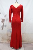 赤いセクシーなフォーマル パッチワーク スパンコール スリット V ネック長袖ドレス