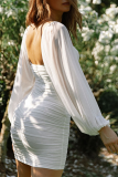 ホワイト カジュアル ソリッド メッシュ V ネック ペンシル スカート ドレス
