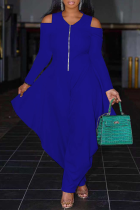 Blauwe casual effen patchwork losse jumpsuits met V-hals