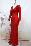 赤いセクシーなフォーマル パッチワーク スパンコール スリット V ネック長袖ドレス