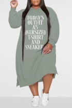 Grijze Mode Casual Letterprint Basic Hooded Kraag Lange Mouw Plus Size Jurken