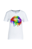 White Daily Lips Printed Patchwork O Neck T-Shirts