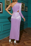 Фиолетовое торжественное однотонное платье с воланом на одно плечо Платья асимметричного кроя