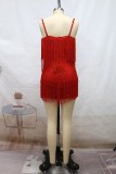 Rose rood sexy patchwork kwastje backless v-hals sling jurk jurken