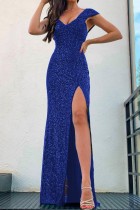 ブルー セクシー フォーマル パッチワーク スパンコール バックレス スリット Vネック イブニングドレス ドレス