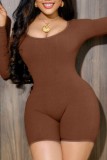 Brownness Casual Solid Basic O Neck Long Sleeve Skinny Romper