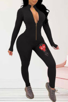 Zwarte sportkleding print jumpsuits met patchwork rits en kraag