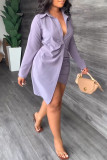 Фиолетовое повседневное однотонное платье-рубашка в стиле пэчворк с отложным воротником Платья Платья