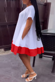 ホワイト カジュアル ソリッド パッチワーク コントラスト Oネック 半袖 ドレス ドレス