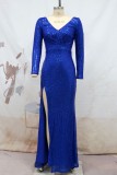 Синие сексуальные вечерние платья в стиле пэчворк с блестками и V-образным вырезом с длинным рукавом