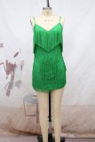 緑のセクシーなパッチワーク タッセル バックレス V ネック スリング ドレス ドレス